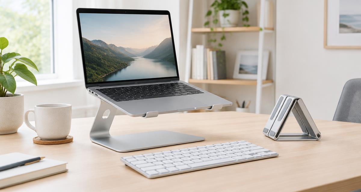 Aluminum laptop stand with an external keyboard and a folding travel stand
