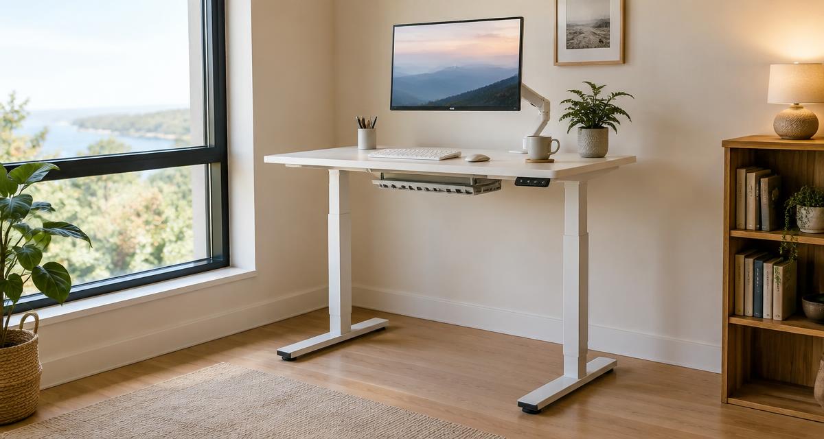 White standing desk with a monitor arm in a bright home office