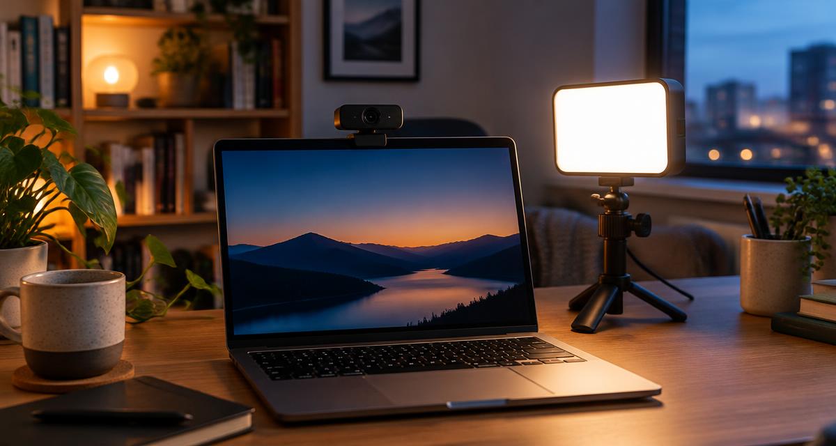 Webcam on a laptop beside an LED key light on a desk